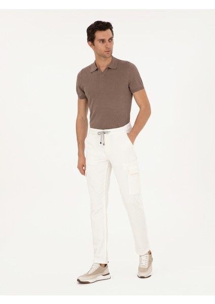 Erkek Beyaz Straight Fit Kadife Kargo Cepli %100 Pamuk Kanvas Pantolon 50294013-VR013