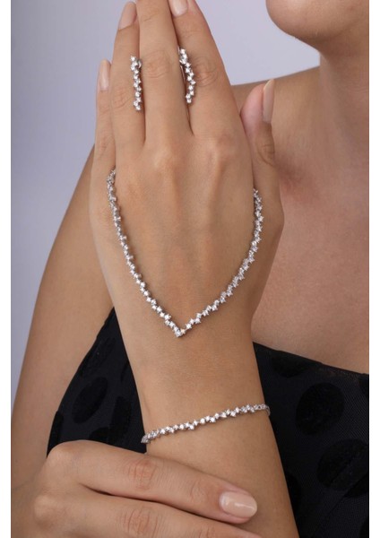 Pırlanta Montür Rodyum Kaplama 4 Tırnaklı Su Yolu Gümüş Düğün Seti