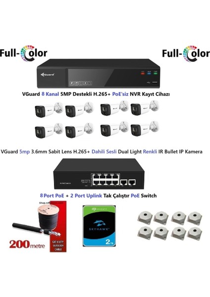 Nif Bilişim Vguard 5mp Dahili Sesli ve Gece Renkli 8 Kameralı Tak Çalıştır Hazır Ip Kamera Seti 2tb Disk