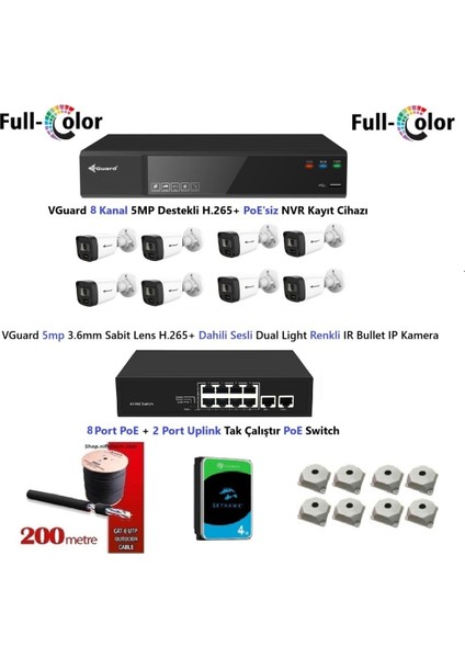 Nif Bilişim Vguard 5mp Dahili Sesli ve Gece Renkli 8 Kameralı Tak Çalıştır Hazır Ip Kamera Seti 4tb Disk