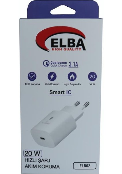 ELB02-20WPD Beyaz 20W Usb-C Şarj Kafa Pd 3.0-Qc4.0(Akıllı Koruma-Hızlı Şarj-Isıya Dayanıklı)