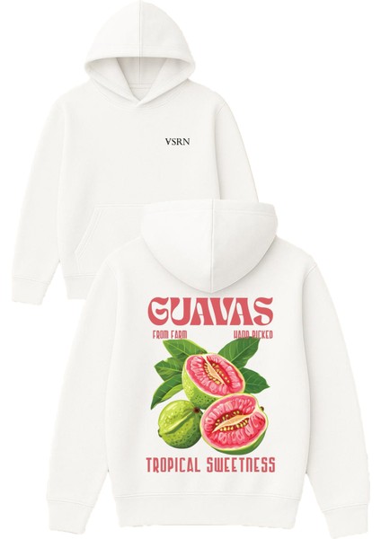Guavas Tropıcal Sweetness Tasarım Baskılı Oversize Beyaz Kapüşonlu Sweatshirt