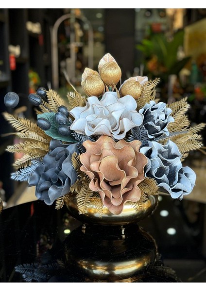 Yapay Çiçek Aranjmalı Gold Yassı Vazo No:12