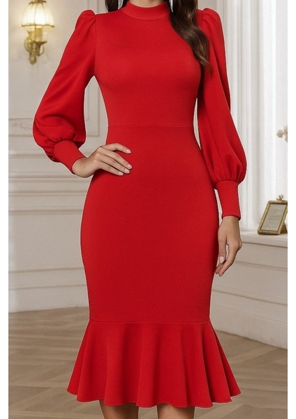 Kadın Uzun Kollu Yarı Balıkçı Yaka Etek Ucu Fırfır Detaylı Midi Ithal Krep Elbise fiyatları