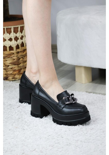 Kadın Kalın Toka 8 cm Platformlu Loafer Ayakkabı Siyah Cilt modelleri
