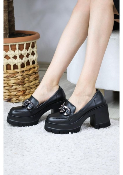 Kadın Kalın Toka 8 cm Platformlu Loafer Ayakkabı Siyah Cilt fırsatları