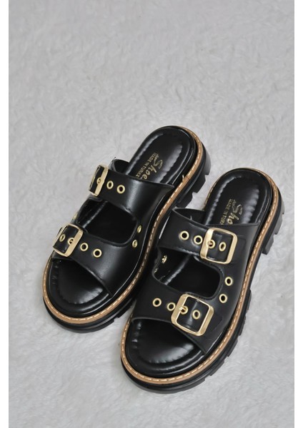 Kadın Çift Bant Kapsül Detaylı Kalın Taban Ortopedik Terlik Siyah