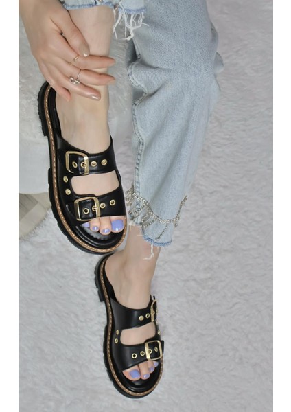 Kadın Çift Bant Kapsül Detaylı Kalın Taban Ortopedik Terlik Siyah fiyatları