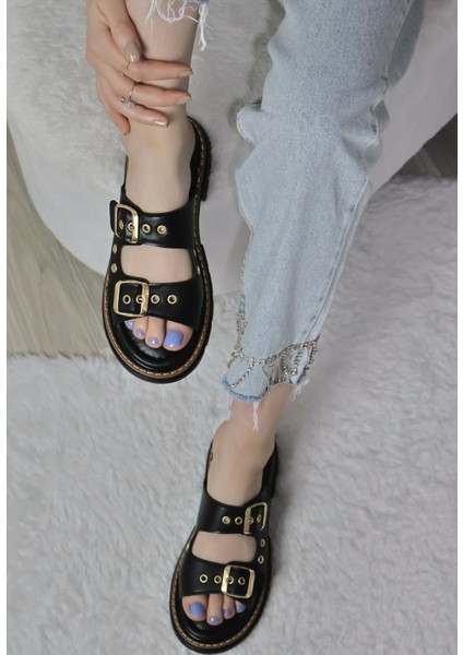 Kadın Çift Bant Kapsül Detaylı Kalın Taban Ortopedik Terlik Siyah modelleri