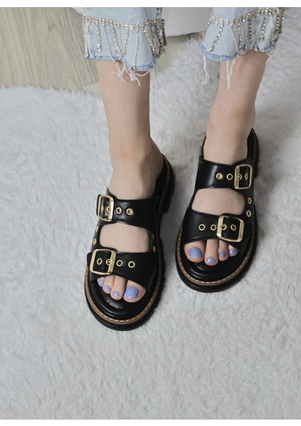 Kadın Çift Bant Kapsül Detaylı Kalın Taban Ortopedik Terlik Siyah fırsatları