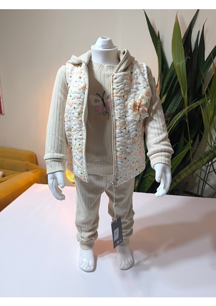 Kız Bebek Kelebek Desenli Üçlü Takım (Omuzdan Çıtçıtlısweatshirt+ Dantelli Kapşonluyelek+Pantolon) fiyatları