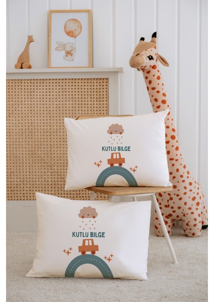%100 Pamuk Isme Özel 2li Ekru Bebek Yastık Kılıfı 35X45 Cm-Araba