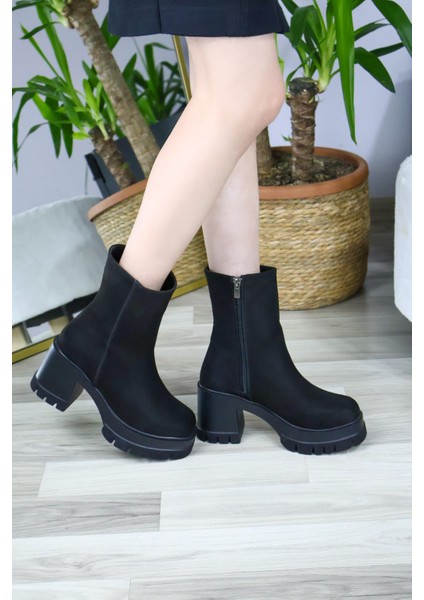 Kadın Leysi 8 cm Platformlu Topuklu Fermuarlı Bot Siyah Süet fiyatları