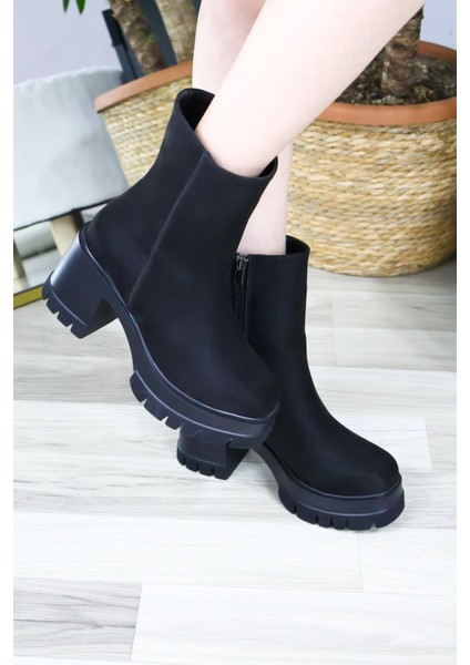 Kadın Leysi 8 cm Platformlu Topuklu Fermuarlı Bot Siyah Süet