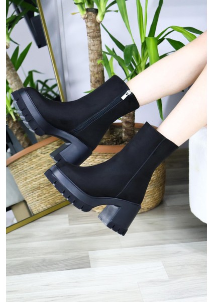 Kadın Leysi 8 cm Platformlu Topuklu Fermuarlı Bot Siyah Süet