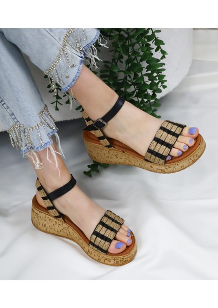 Hasır Detaylı Mantar Taban Ortopedik Taban Sandelet Siyah