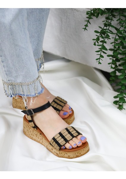 Hasır Detaylı Mantar Taban Ortopedik Taban Sandelet Siyah modelleri