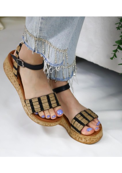 Hasır Detaylı Mantar Taban Ortopedik Taban Sandelet Siyah indirimleri