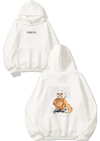 Time Out Tasarım Baskılı Oversize Beyaz Kapüşonlu Sweatshirt