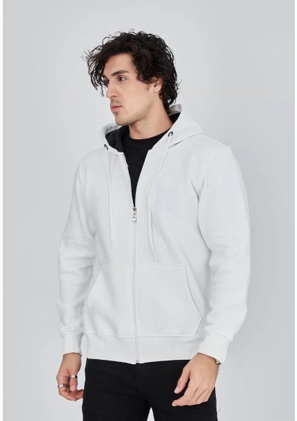 Unisex Tam Fermuarlı Kapşonlu Sweatshirt - Beyaz indirimleri