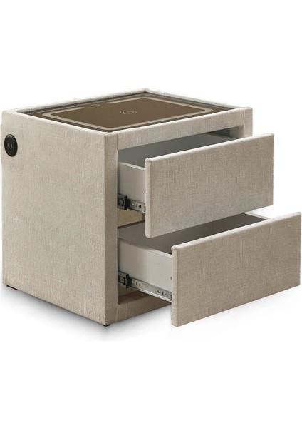 Zeus Akıllı Komodin | Kablosuz Şarj – Bluetooth Hoparlör – Dokunmatik LED – Bej Kumaş Kaplama fiyatları