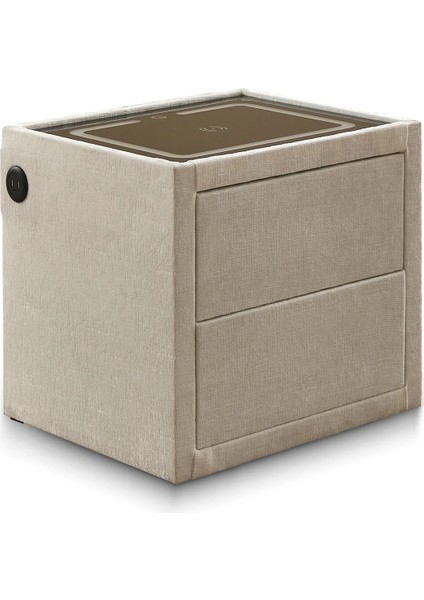 Zeus Akıllı Komodin | Kablosuz Şarj – Bluetooth Hoparlör – Dokunmatik LED – Bej Kumaş Kaplama modelleri