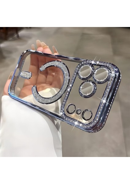Apple iPhone 17 Pro Kılıf Simli Taşlı Lens Korumalı Arkası Şeffaf Kenarı Renkli Parlak Magsafe Kapak