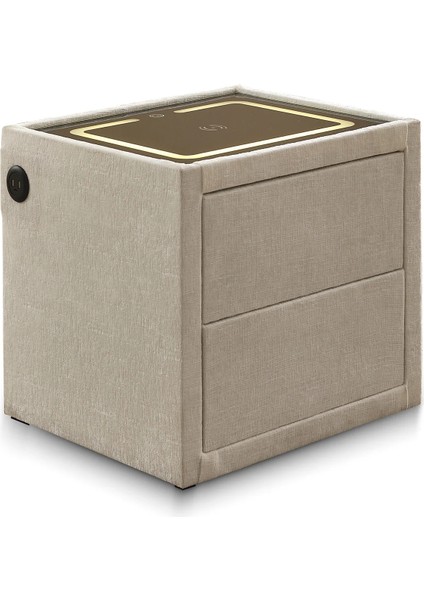 Zeus Akıllı Komodin | Kablosuz Şarj – Bluetooth Hoparlör – Dokunmatik LED – Bej Kumaş Kaplama fırsatları