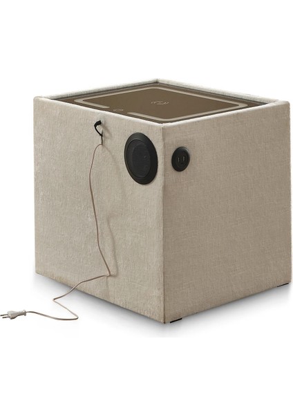 Zeus Akıllı Komodin | Kablosuz Şarj – Bluetooth Hoparlör – Dokunmatik LED – Bej Kumaş Kaplama indirimleri