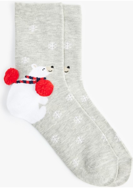 Yılbaşı Temalı Ponpon Detaylı Soket Çorap