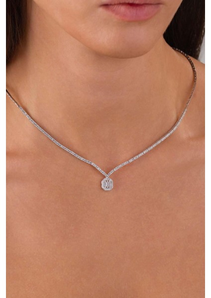 Baget Taşlı Rodyum Kaplama 925 Ayar Gümüş Kolye