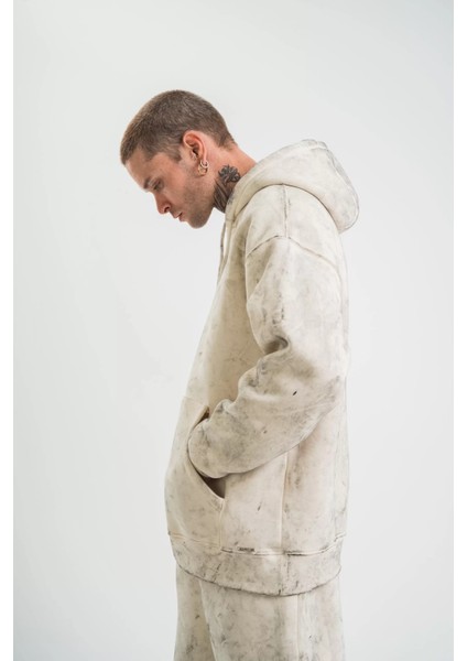 Unisex Double Oversize Kapşonlu Yıkamalı Sweatshirt - Krem modelleri