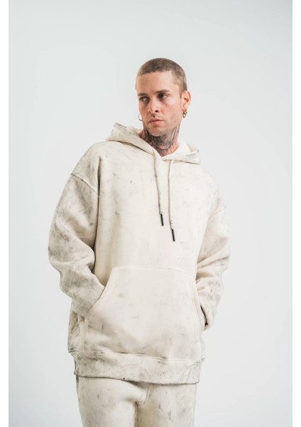 Unisex Double Oversize Kapşonlu Yıkamalı Sweatshirt - Krem indirimleri