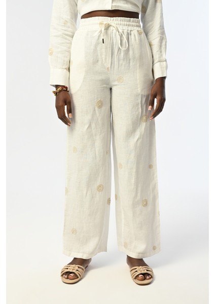 Kadın Bol Paça Beli Lastikli Ekru Renk Desenli Pantolon