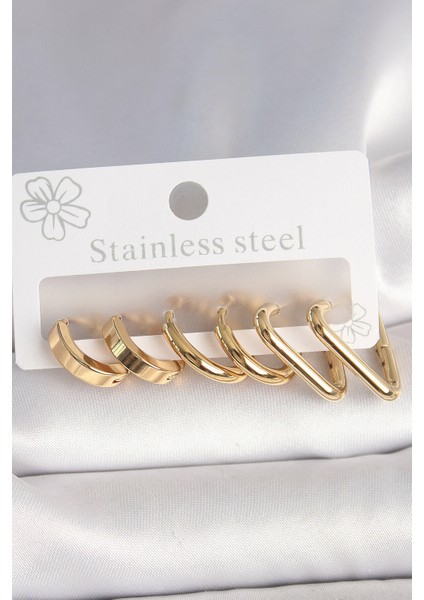 316L Çelik Gold Renk Üçgen Halka Model Kadın Küpe Seti