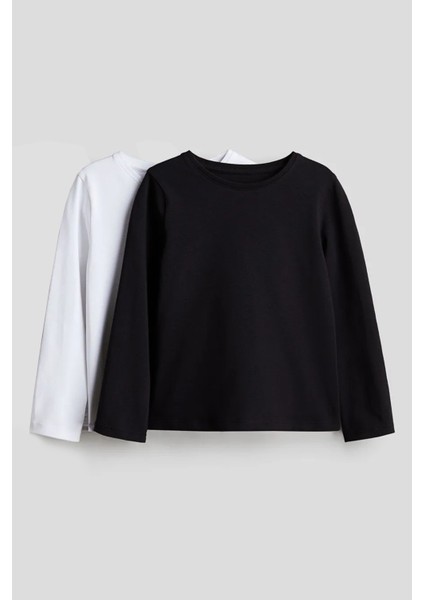 2li Uzun Kollu ve Pamuklu Siyah-Beyaz Üst