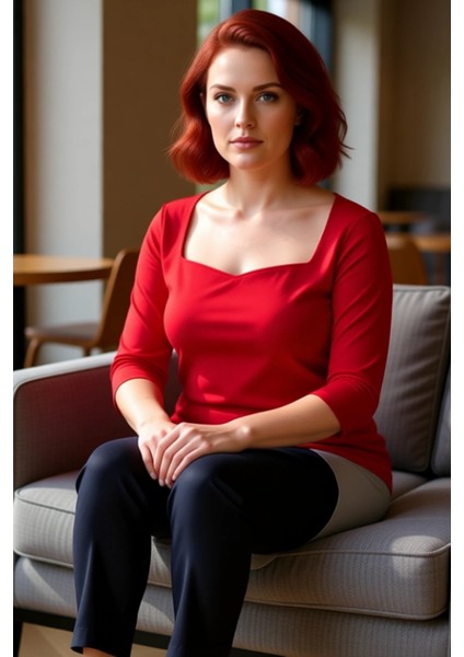 Moda Büyük Beden Kalp Yaka Örme Fit Düz Desen Casual Günlük Regular Uzun Kol Bluz