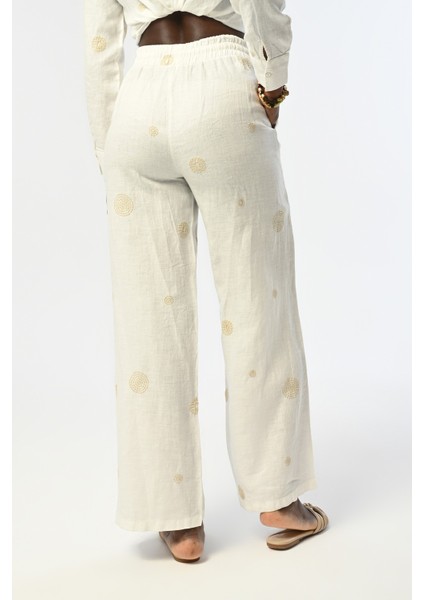Kadın Bol Paça Beli Lastikli Ekru Renk Desenli Pantolon modelleri