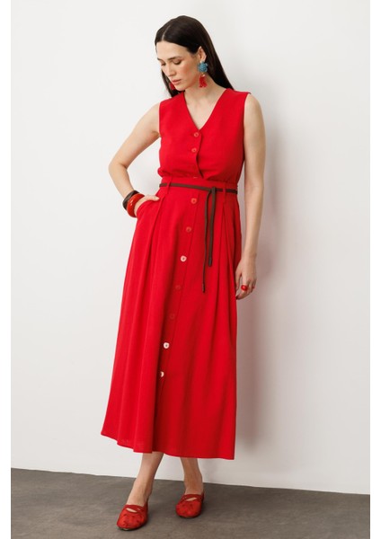 Düğmeli Uzun Keten Etek-Şeftali fiyatları