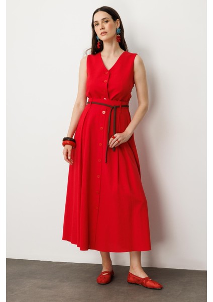 Düğmeli Uzun Keten Etek-Şeftali modelleri