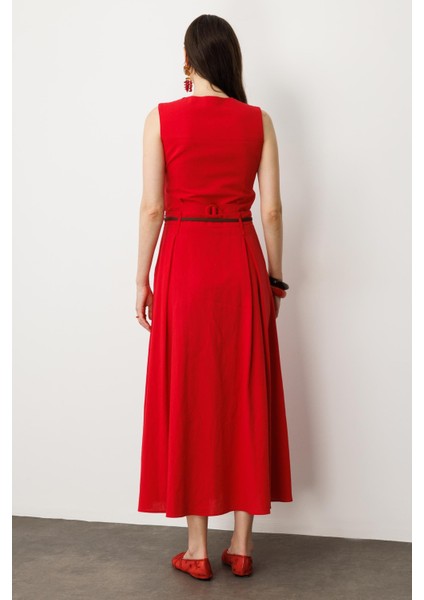 Düğmeli Uzun Keten Etek-Şeftali indirimleri