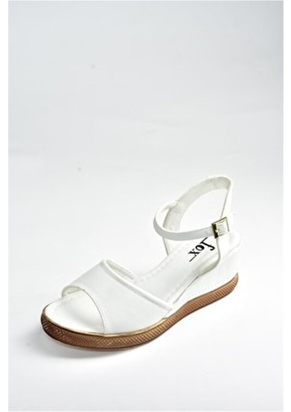 Beyaz Kadın Dolgu Topuklu Ayakkabı Suni Deri Düz Taban 6 cm Topuk Yüksekliği