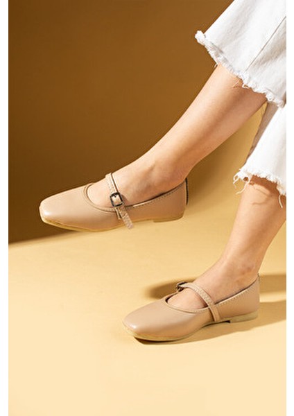 Kadın Babet Küt Burun Tokalı Düz Taban 1 Cm Pu Deri Rahat Kalıp indirimleri