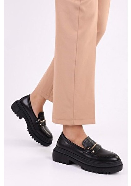 Kadın Loafer Siyah Deri Kalın Taban Tokalı Günlük Ayakkabı modelleri