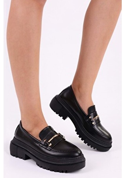 Kadın Loafer Siyah Deri Kalın Taban Tokalı Günlük Ayakkabı fırsatları