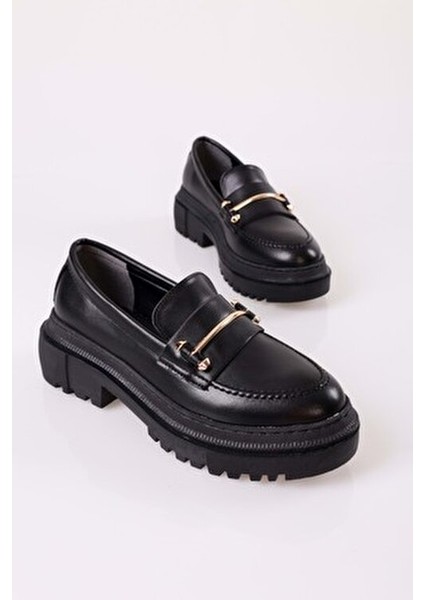 Kadın Loafer Siyah Deri Kalın Taban Tokalı Günlük Ayakkabı indirimleri