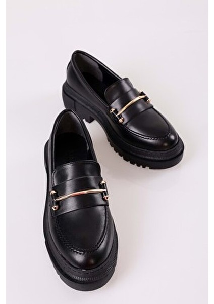 Kadın Loafer Siyah Deri Kalın Taban Tokalı Günlük Ayakkabı