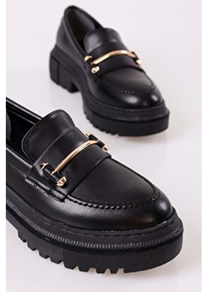 Kadın Loafer Siyah Deri Kalın Taban Tokalı Günlük Ayakkabı