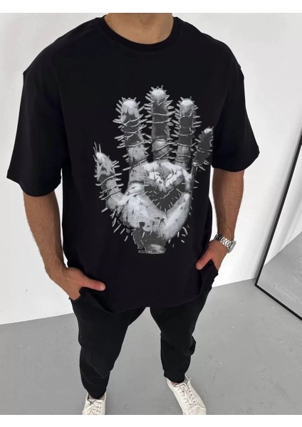 Unisex Bisiklet Yaka Baskılı Oversize T-Shirt - Siyah