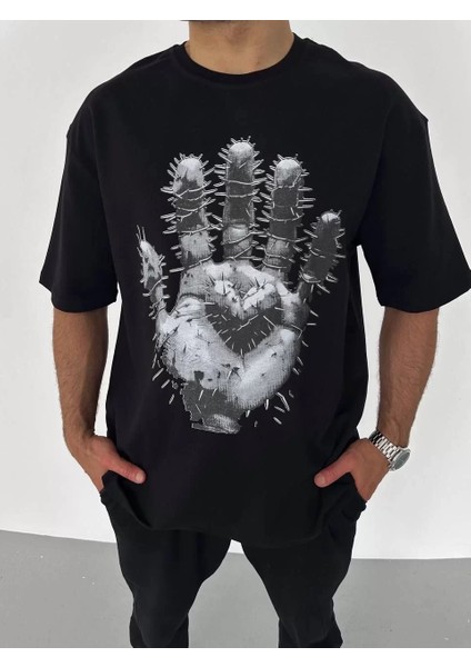 Unisex Bisiklet Yaka Baskılı Oversize T-Shirt - Siyah fiyatları